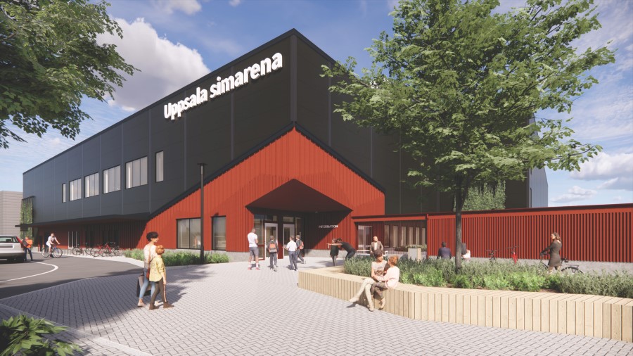 Arkitektskiss av exteriören  och entr´en till Uppsala simarena.