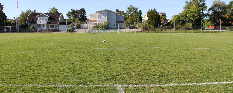 Berthåga idrottsplats  - en gräsfotbollsplan med hus i bakgrunden.
